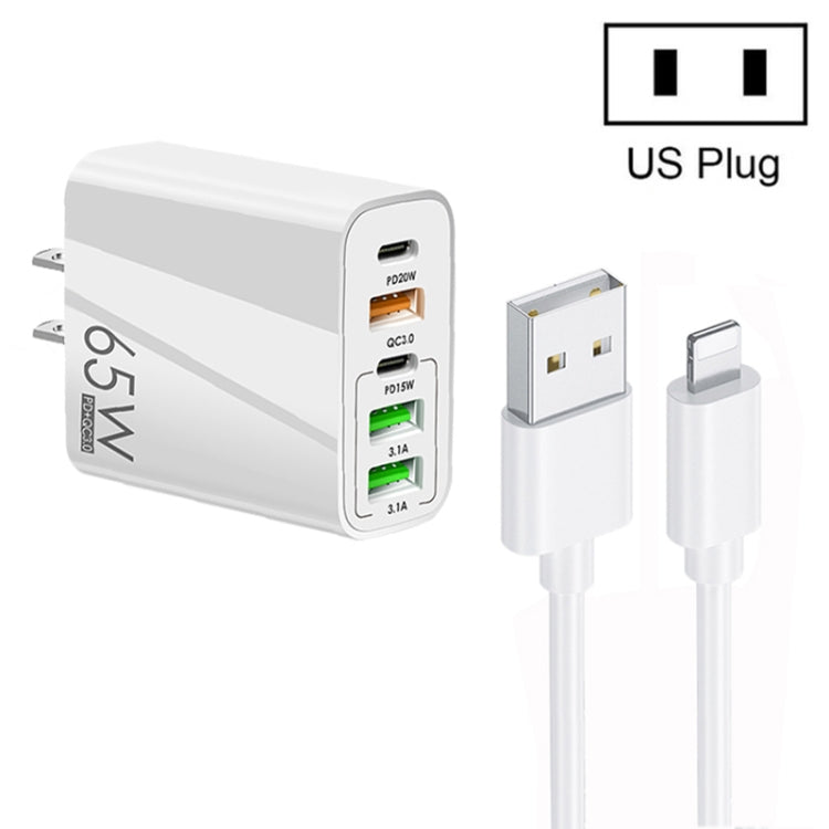 65W Dual PD Type-C + 3 x USB Multi Port Charger with 3A USB to 8 Pin Data Cable, US Plug(White) - Apple Accessories by buy2fix | Online Shopping UK | buy2fix