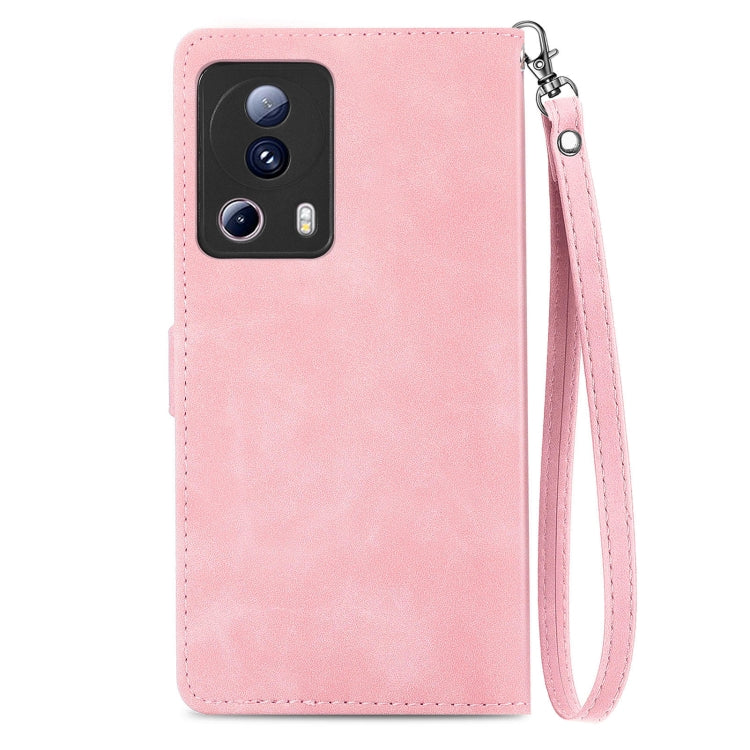 For Xiaomi 13 Lite Embossed Flower Zipper Leather Phone Case(Pink) - 13 Lite Cases by buy2fix | Online Shopping UK | buy2fix