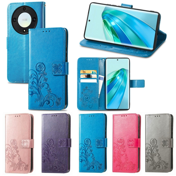 For Honor Magic5 Lite Four-leaf Clasp Embossed Buckle Leather Phone Case(Blue) - Honor Cases by buy2fix | Online Shopping UK | buy2fix