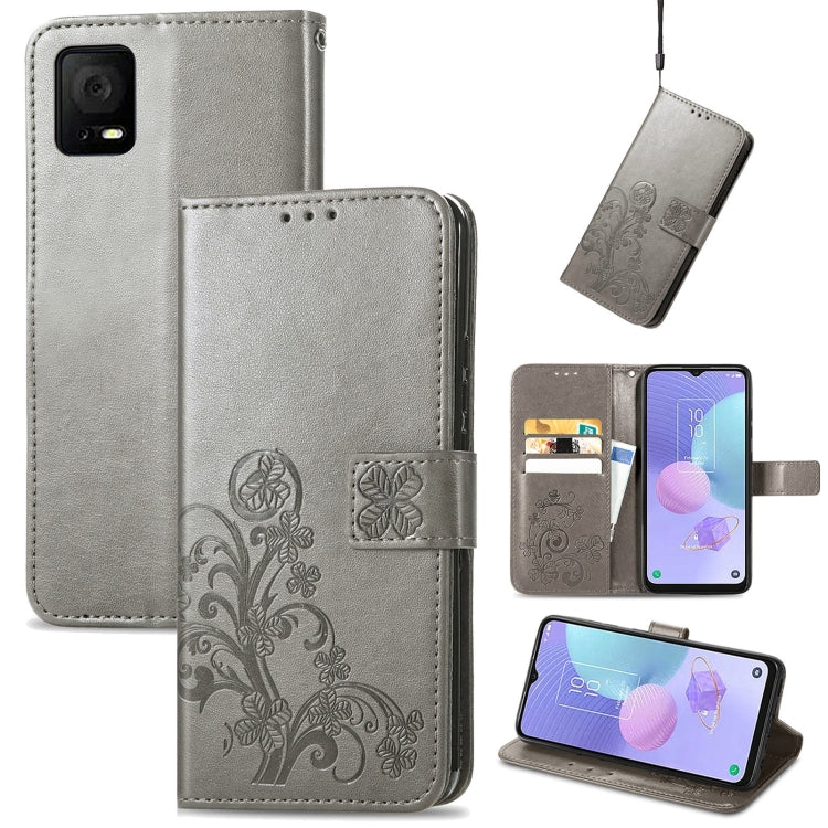 For TCL 405 Four-leaf Clasp Embossed Buckle Leather Phone Case(Gray) - More Brand by buy2fix | Online Shopping UK | buy2fix