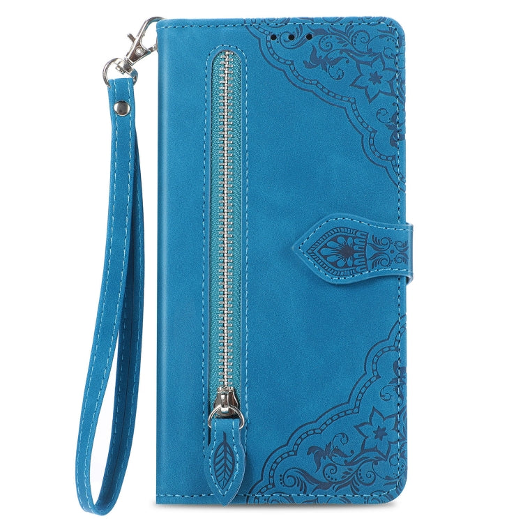 For Xiaomi POCO F5 Embossed Flower Zipper Leather Phone Case(Blue) - Xiaomi Cases by buy2fix | Online Shopping UK | buy2fix