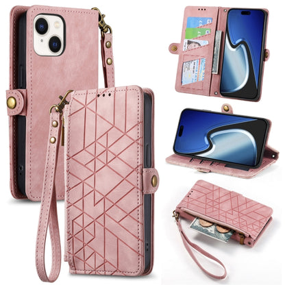 For iPhone 15 Plus Geometric Zipper Wallet Side Buckle Leather Phone Case(Pink) - iPhone 15 Plus Cases by buy2fix | Online Shopping UK | buy2fix