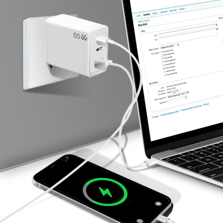 GaN PD65W Type-C x 2 + USB3.0 Charger with Type-C to Type-C Data Cable ,US Plug(White) - USB Charger by buy2fix | Online Shopping UK | buy2fix