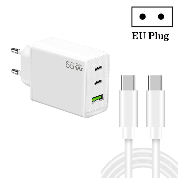 GaN PD65W Type-C x 2 + USB3.0 Charger with Type-C to Type-C Data Cable ,EU Plug(White) - USB Charger by buy2fix | Online Shopping UK | buy2fix