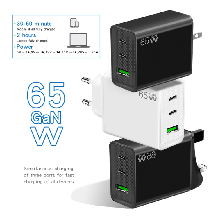 GaN PD65W Type-C x 2 + USB3.0 Charger with Type-C to Type-C Data Cable ,EU Plug(Black) - USB Charger by buy2fix | Online Shopping UK | buy2fix