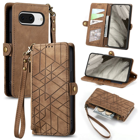 For Google Pixel 8 Geometric Zipper Wallet Side Buckle Leather Phone Case(Brown) - Google Cases by buy2fix | Online Shopping UK | buy2fix