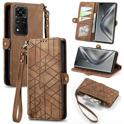 For Honor V40 Geometric Zipper Wallet Side Buckle Leather Phone Case(Brown) - Honor Cases by buy2fix | Online Shopping UK | buy2fix