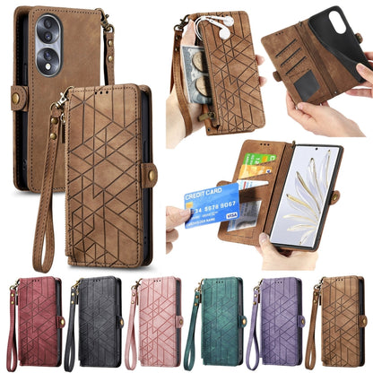 For Honor 60 Geometric Zipper Wallet Side Buckle Leather Phone Case(Brown) - Honor Cases by buy2fix | Online Shopping UK | buy2fix