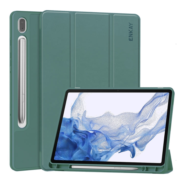 For Samsung Galaxy Tab S9 ENKAY Tri-fold Custer Leather TPU Bottom Smart Case with Pen Slot(Dark Green) - Galaxy Tab S9 Cases by ENKAY | Online Shopping UK | buy2fix