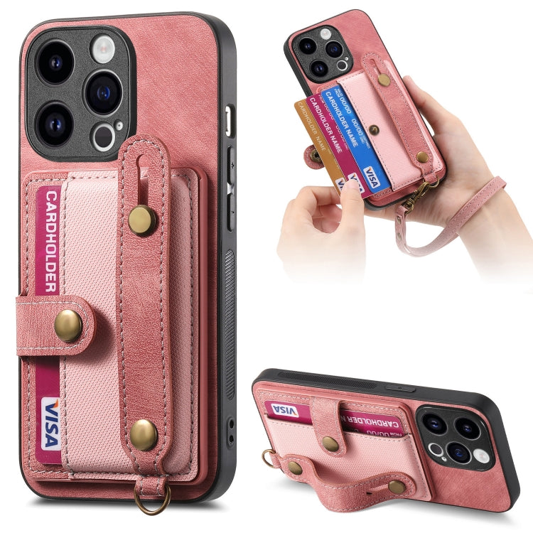 For iPhone 15 Pro Max Retro Cross Wristband Wallet Leather Back Phone Case(Pink) - iPhone 15 Pro Max Cases by buy2fix | Online Shopping UK | buy2fix