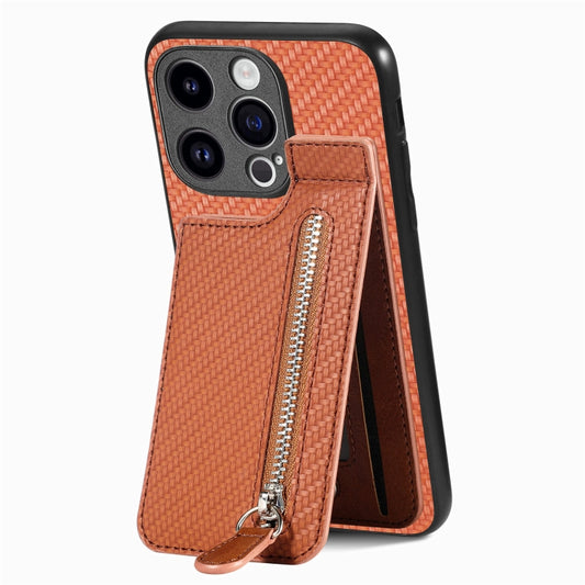 For iPhone 15 Pro Max Carbon Fiber Vertical Flip Zipper Phone Case(Brown) - iPhone 15 Pro Max Cases by buy2fix | Online Shopping UK | buy2fix