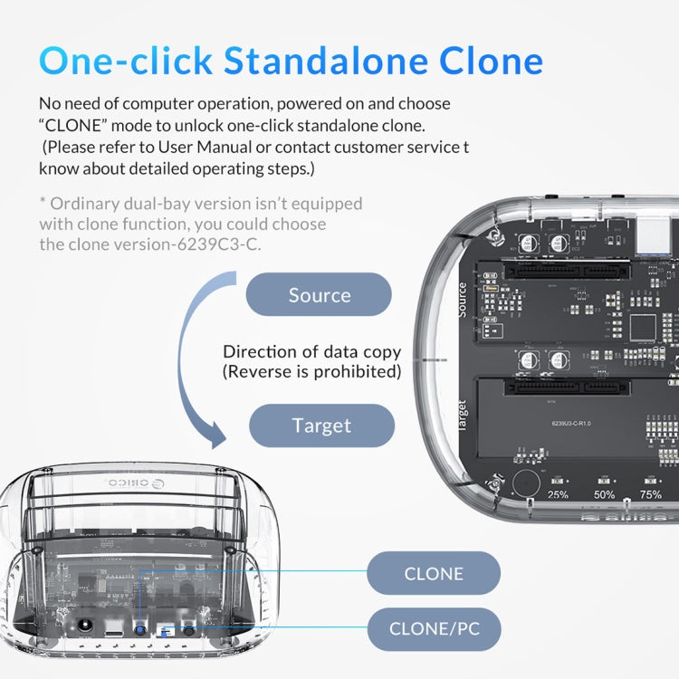 ORICO 6239C3 2.5/3.5inch 2 Bay Transparent Type-C Hard Drive Dock - HDD Enclosure by ORICO | Online Shopping UK | buy2fix
