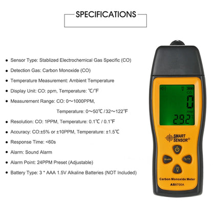 Smart Sensor AS8700A Handheld Carbon Monoxide Meter High Precision Digital CO Leak Detector Analyzer,  Sound  Light Alarm, Range: 0-1000ppm - Consumer Electronics by BENETECH | Online Shopping UK | buy2fix