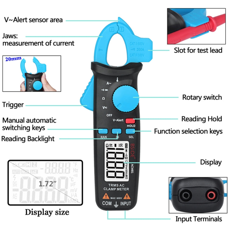 BSIDE ACM81 Digital Clamp Meter Auto-Rang 1mA Accuracy 200A Current DC AC Multimeter(Black) - Consumer Electronics by BSIDE | Online Shopping UK | buy2fix