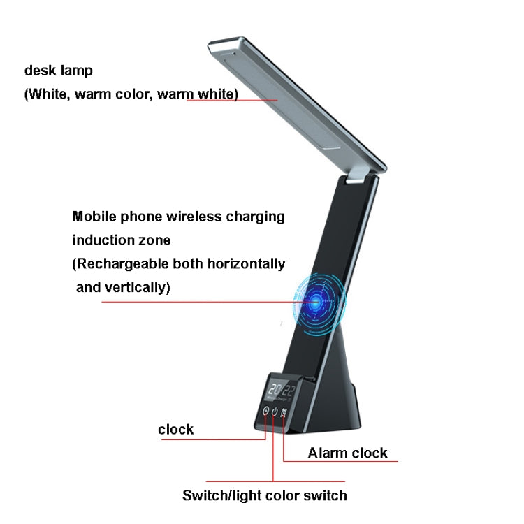 N61 3 in 1 Wireless Charger Folding Eye Protection Desk Lamp with Clock & Alarm Function(Black) -  by buy2fix | Online Shopping UK | buy2fix