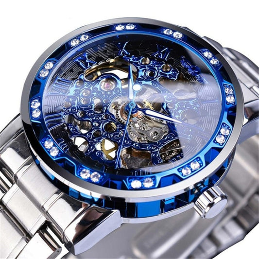 Winner Leisure Skeleton Diamond Luminous Pointer Watch Men Manual Mechanical Watch(Silver Belt Blue Circle Blue Face) - Metal Strap Watches by Winner | Online Shopping UK | buy2fix