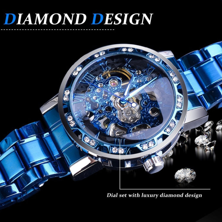 Winner Leisure Skeleton Diamond Luminous Pointer Watch Men Manual Mechanical Watch(Blue Belt Black Shell Blue Face) - Metal Strap Watches by Winner | Online Shopping UK | buy2fix