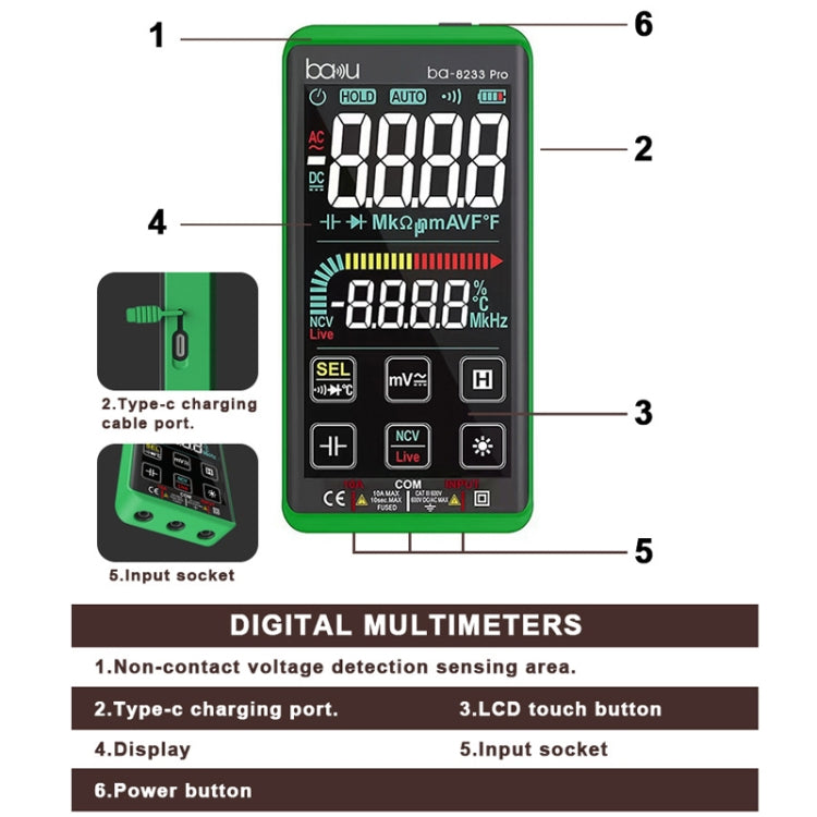 BAKU BA-8233 Pro Electric Maintenance Resistor Current Touch Screen Digital Mulitmeter(Green) - Digital Multimeter by BAKU | Online Shopping UK | buy2fix