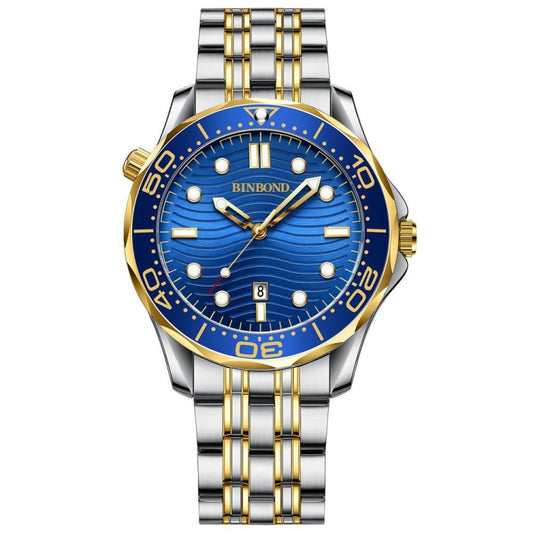 Inter-gold Blue Surface BINBOND B2820 Luminous 30m Waterproof Men Sports Quartz Watch - Metal Strap Watches by BINBOND | Online Shopping UK | buy2fix