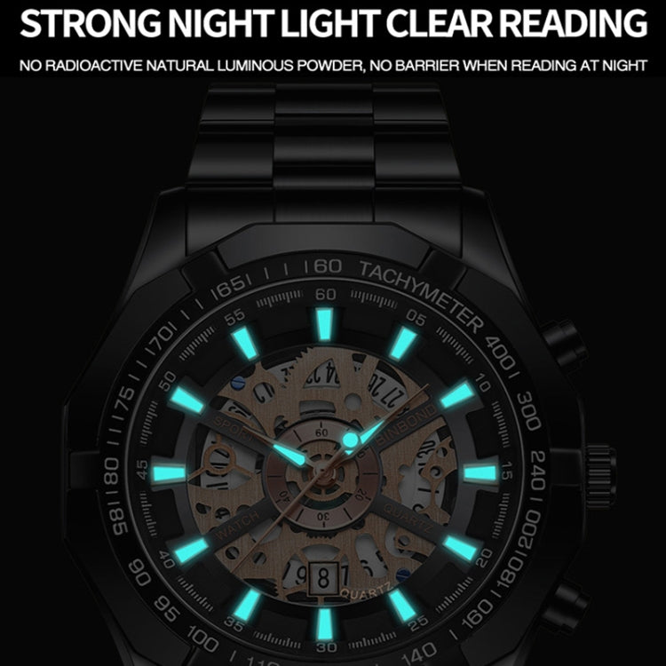 BINBOND S033 Hollowed Mechanical 30m Waterproof Luminous Quartz Watch, Color: Blue Steel-Blue - Metal Strap Watches by BINBOND | Online Shopping UK | buy2fix