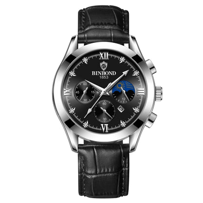 BINBOND B3591 30m Waterproof Luminous Calendar Men Watch, Color: Black Leather-White-Black - Leather Strap Watches by BINBOND | Online Shopping UK | buy2fix