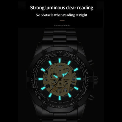 BINBOND S034 30M Waterproof Quartz Watch Skull Skeleton Luminous Watch(Black Steel Black Gold Nail) - Metal Strap Watches by BINBOND | Online Shopping UK | buy2fix