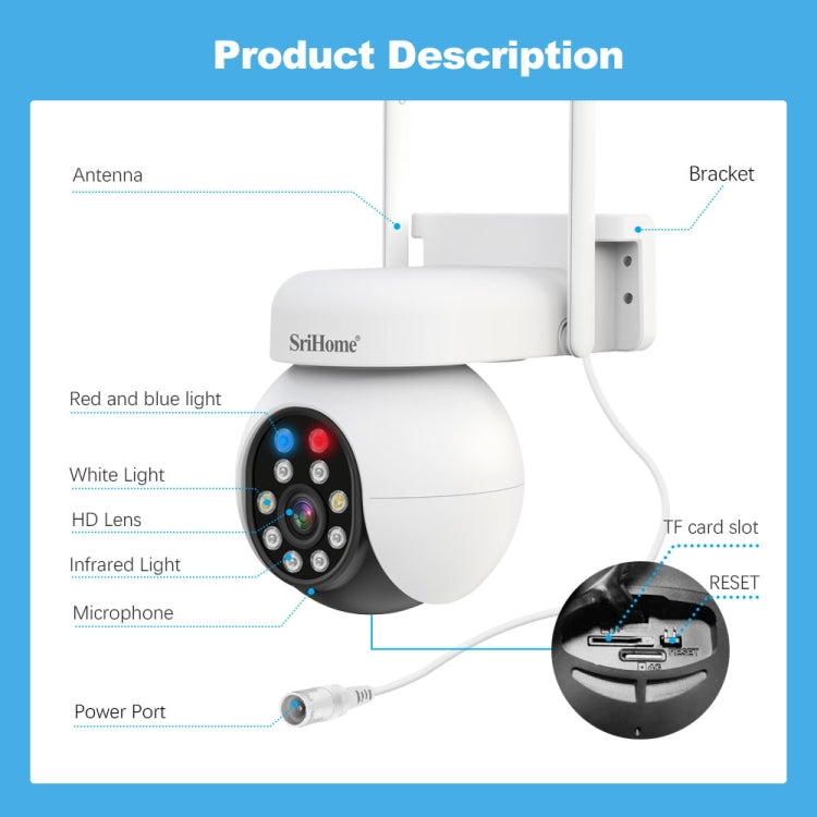 SriHome SH052B Wifi 5MP Wireless PTZ IP AI Auto Tracking Sound&Light Alarm Starlight Color Night Vision Outdoors Surveillance Camera, Plug: AU - Dome Camera by SriHome | Online Shopping UK | buy2fix