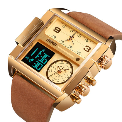 SKMEI 1391 Multifunctional Men Business Digital Watch 30m Waterproof Square Dial Wrist Watch with Leather Watchband(Gold) - Leather Strap Watches by SKMEI | Online Shopping UK | buy2fix